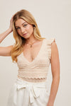 Flutter Sleeve Crochet Knit Sweater Top Beige