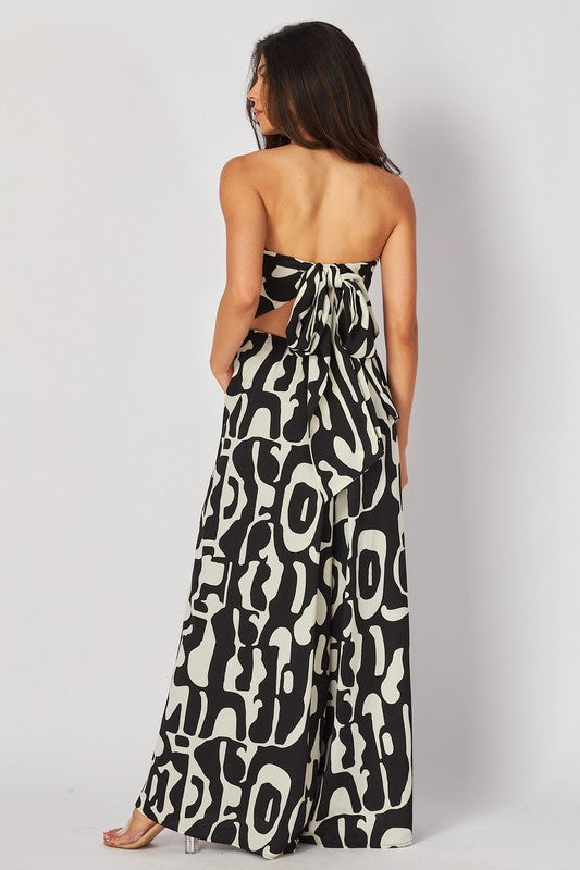 Sleeveless Abstract Print Wide Leg Jumpsuit Black