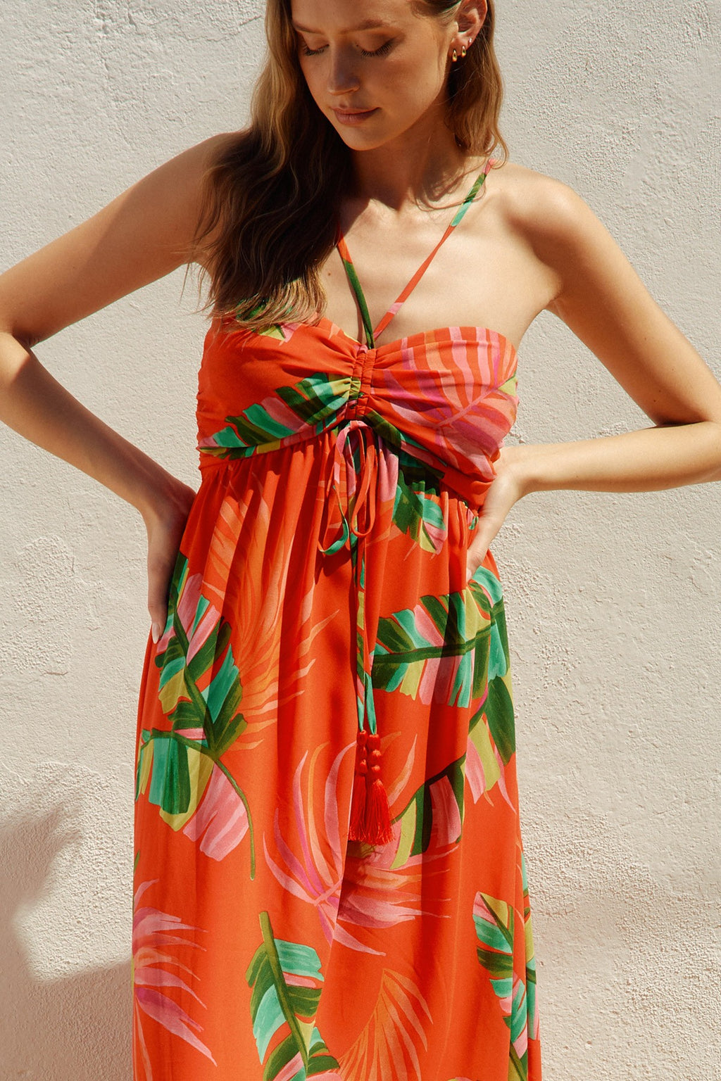 Perry Sleeveless Halter Tie Tropical Print Maxi Dress Red