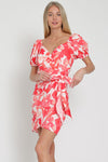 Short Puff Sleeve Floral Print Wrap Mini Dress Fuchsia White