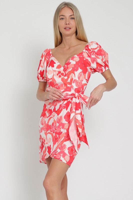 Short Puff Sleeve Floral Print Wrap Mini Dress Fuchsia White