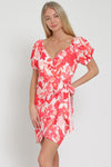 Short Puff Sleeve Floral Print Wrap Mini Dress Fuchsia White