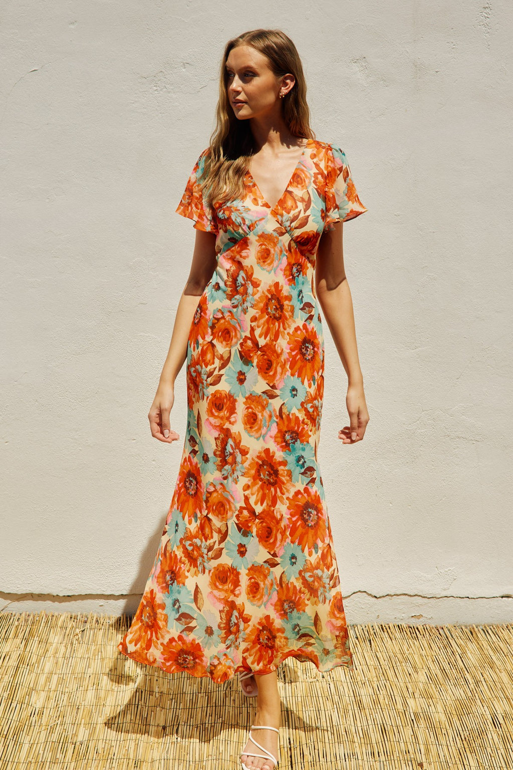Carolina Short Flutter Sleeve Floral Print Maxi Dress Orange