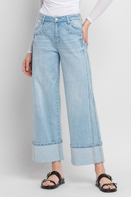  High Rise Cruffed Wide Leg Jeans Light Wash