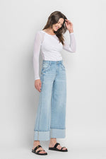  High Rise Cruffed Wide Leg Jeans Light Wash