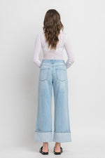  High Rise Cruffed Wide Leg Jeans Light Wash