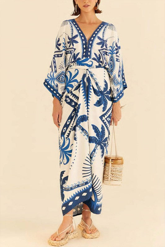 Kimono Sleeve Front Tie Tropical Print Maxi Dress Blue      