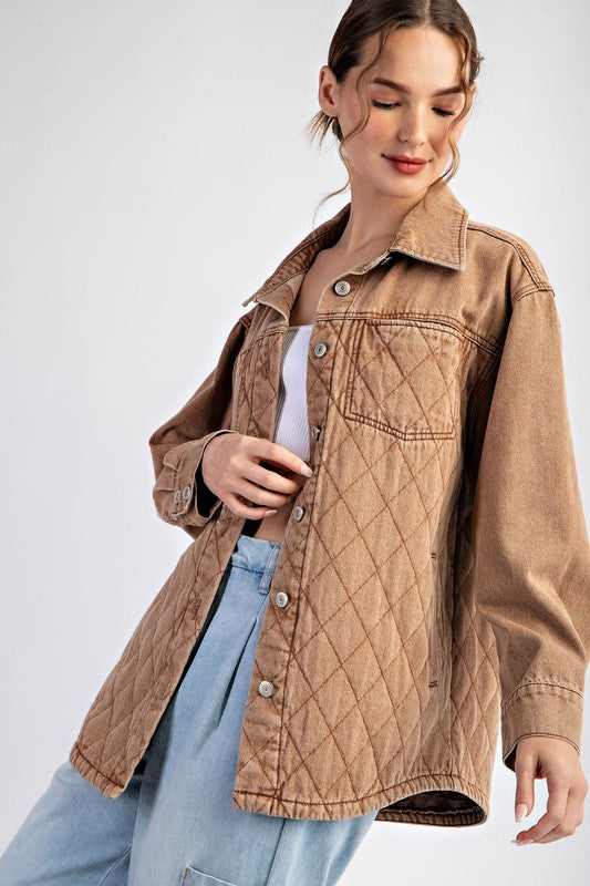  Long Sleeve Button Down Quilted Jacket Brown