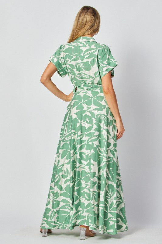 Short Sleeve Button Down Leaf Print Maxi Dress Green