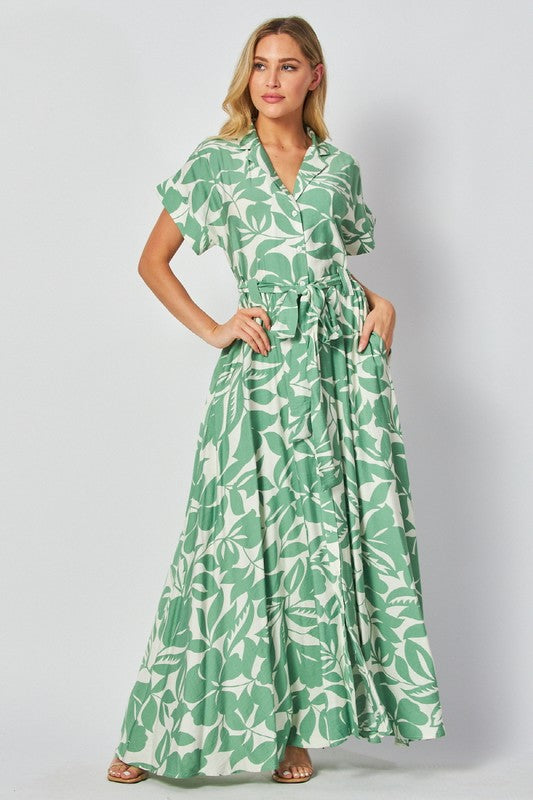 Short Sleeve Button Down Leaf Print Maxi Dress Green