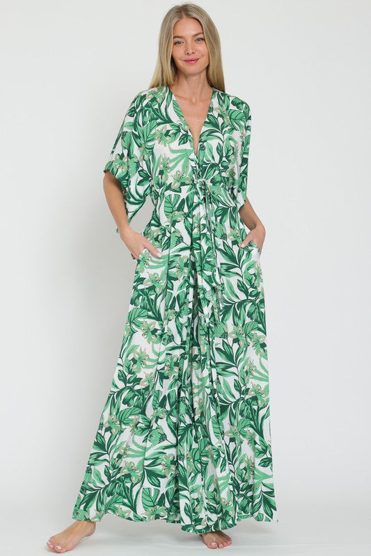  Kimono Sleeve Front Tie Tropical Print Jumpsuit Green
