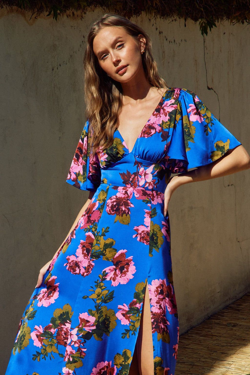Patricia Flutter Sleeve Floral Print Maxi Dress Blue