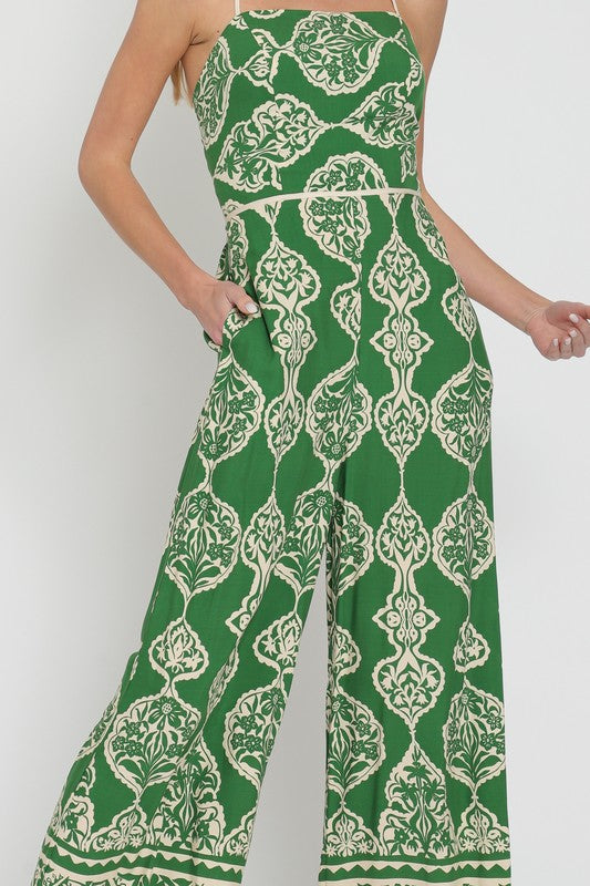 Sleeveless Abstract Print Wide Leg Jumpsuit Green