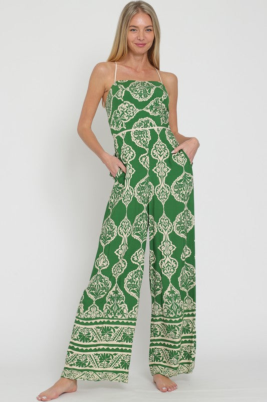 Sleeveless Abstract Print Wide Leg Jumpsuit Green