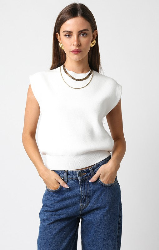 Sleeveless Crew Neck Sweater Top White