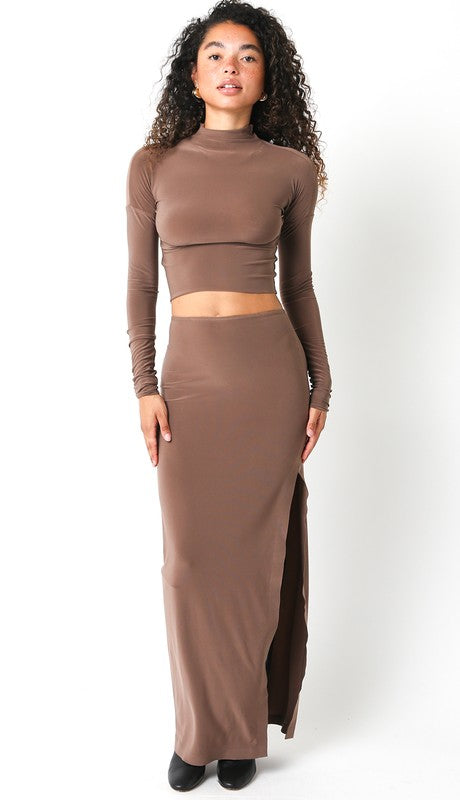  Long Sleeve Mock Neck Crop Top Brown