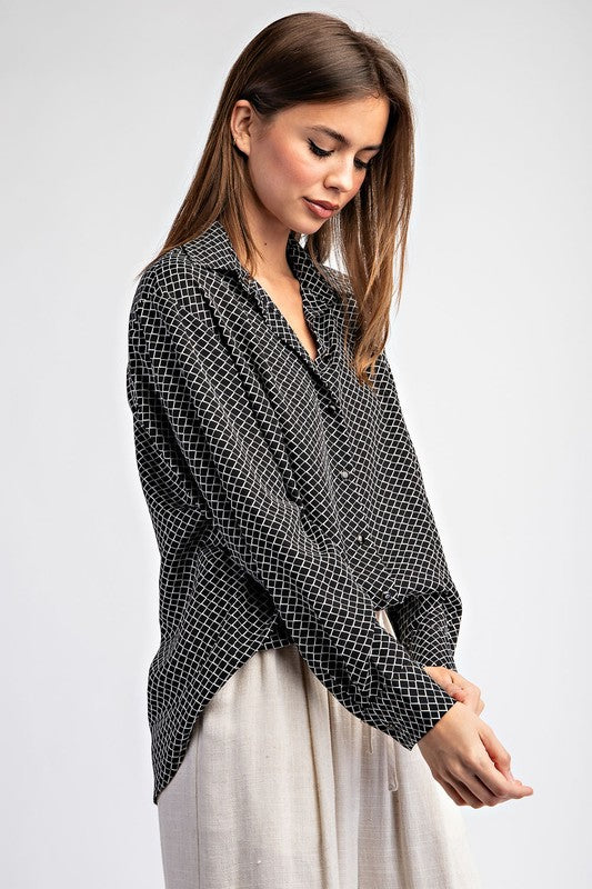  Long Sleeve Geometric Print Button Down Top Black