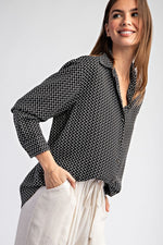  Long Sleeve Geometric Print Button Down Top Black