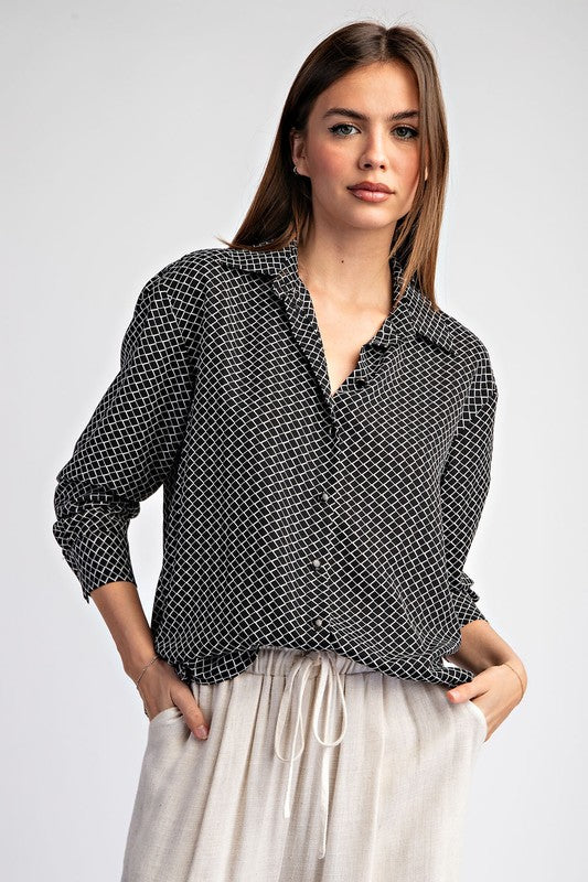  Long Sleeve Geometric Print Button Down Top Black