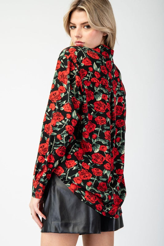  Long Sleeve Rose Print Button Down Top Black