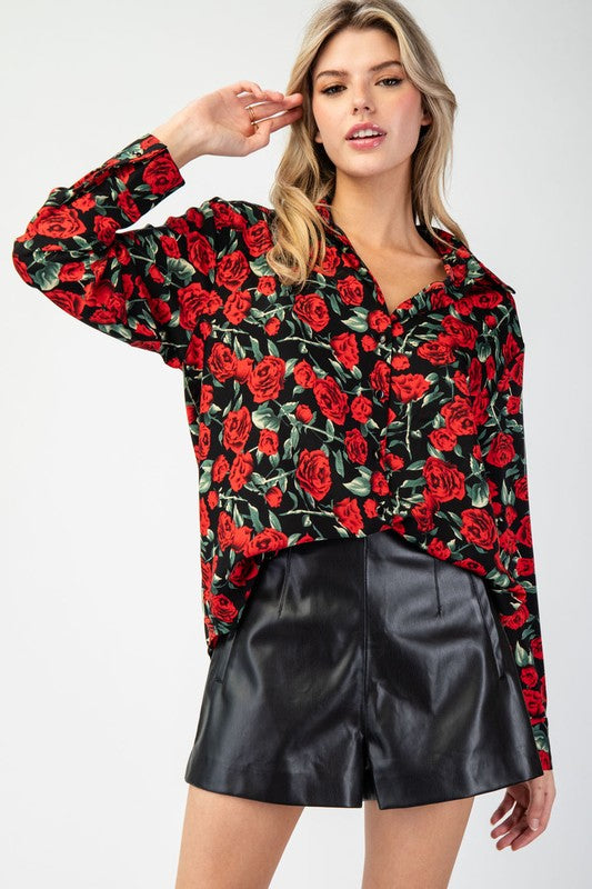  Long Sleeve Rose Print Button Down Top Black