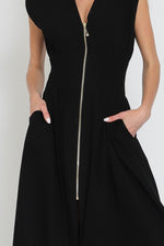 Shoulder Pad Sleeve Zip Up Midi Dress Black