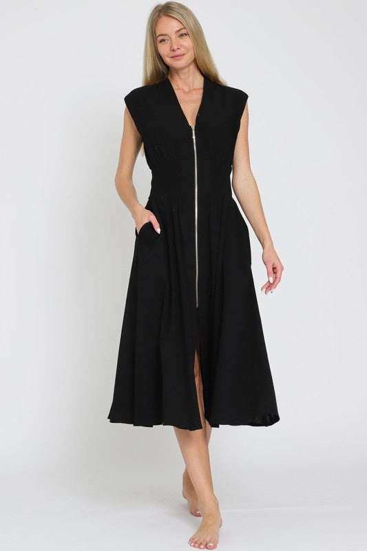 Shoulder Pad Sleeve Zip Up Midi Dress Black