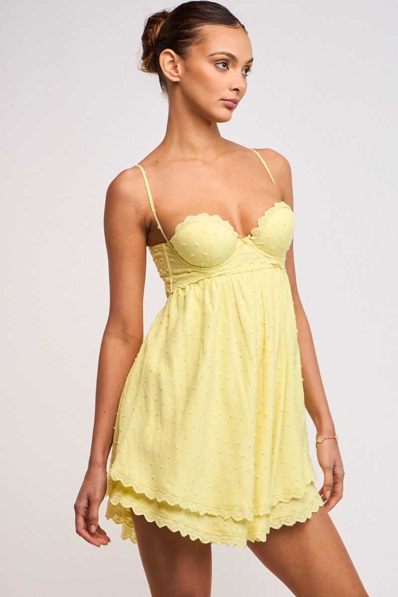  Sleeveless Lace Up Swiss Dot Mini Dress Yellow