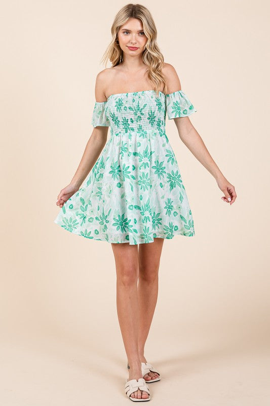 Off The Shoulder Floral Print Mini Dress Green