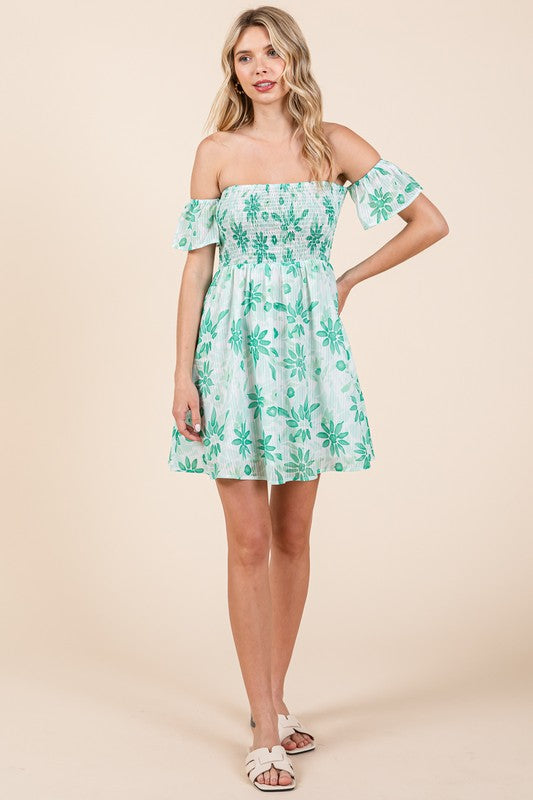 Off The Shoulder Floral Print Mini Dress Green