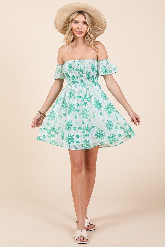 Off The Shoulder Floral Print Mini Dress Green