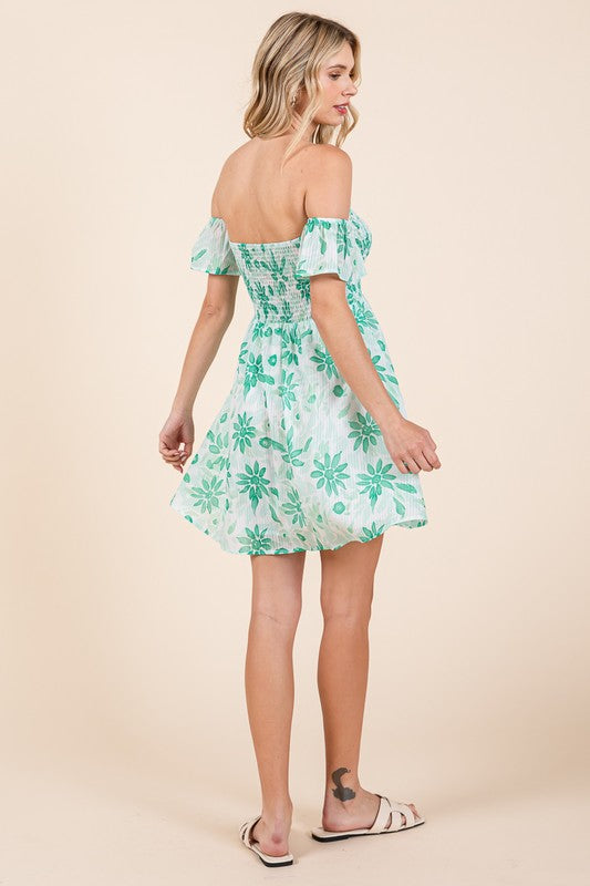 Off The Shoulder Floral Print Mini Dress Green