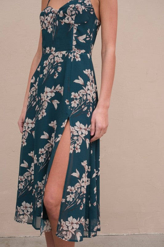  Sleeveless Floral Print Midi Dress Green