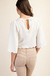 Embroidered Cut Out Bell Sleeve Crop Top White