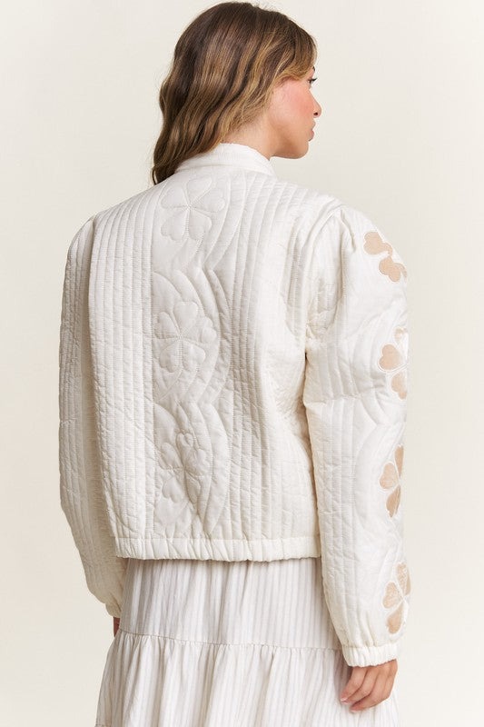 Long Sleeve Floral Print Quilted Jacket Ivory