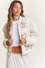 Long Sleeve Floral Print Quilted Jacket Ivory