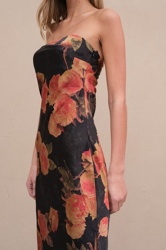 Sleeveless Floral Print Tube Maxi Dress Black