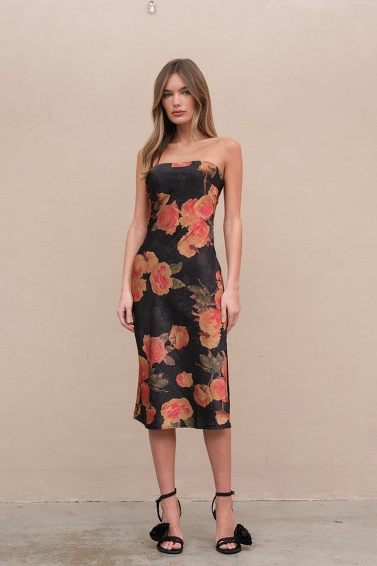 Sleeveless Floral Print Tube Maxi Dress Black