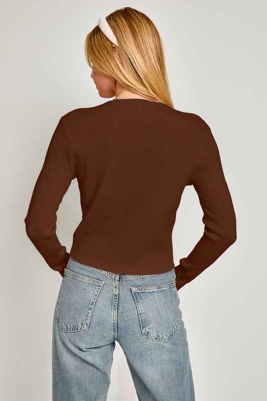  Long Sleeve Bow Tie Sweater Top Brown