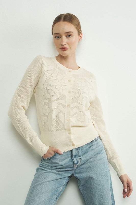 Long Sleeve Sheer Flower Netted Cardigan Cream