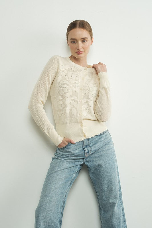 Long Sleeve Sheer Flower Netted Cardigan Cream