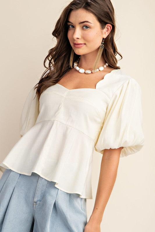 Short Puff Sleeve Peplum Top Cream