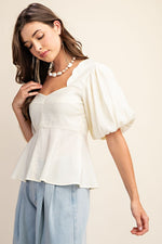 Short Puff Sleeve Peplum Top Cream