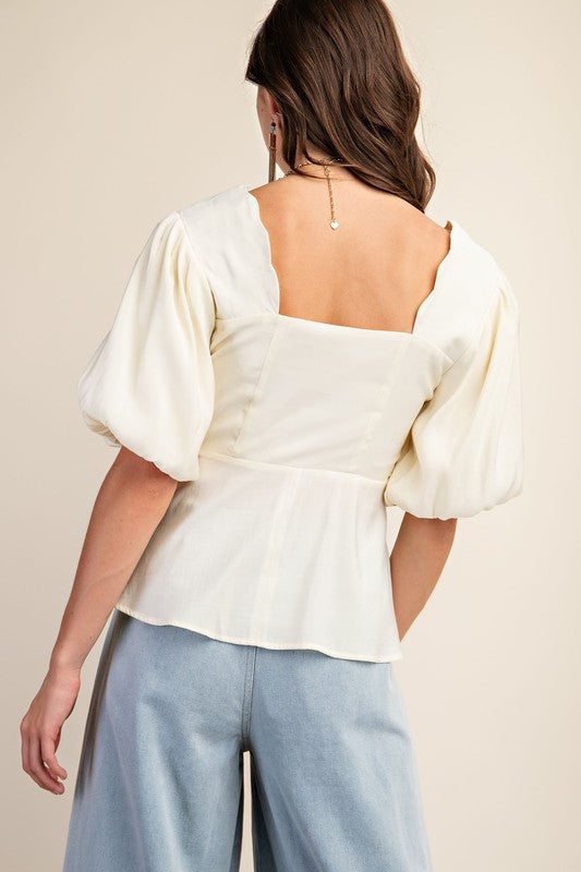 Short Puff Sleeve Peplum Top Cream