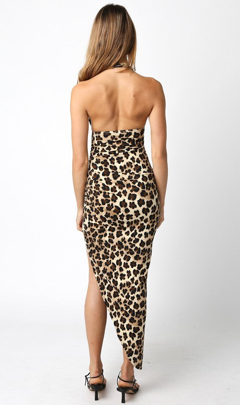  Halter Leopard Print Midi Dress Brow