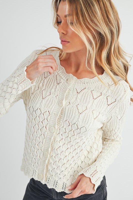 Waitlist 11/5 ♥ Hannah Long Sleeve Pointelle Cropped Cardigan Ivory