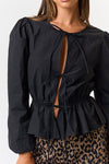 Long Sleeve Bow Tie Peplum Top Black