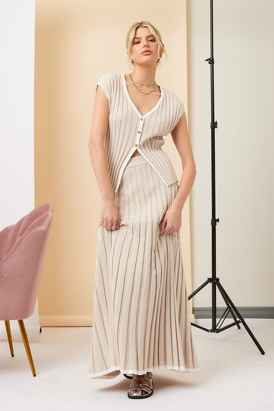 Short Sleeve Button Down Ribbed Contrast Top And Maxi Skirt Taupe