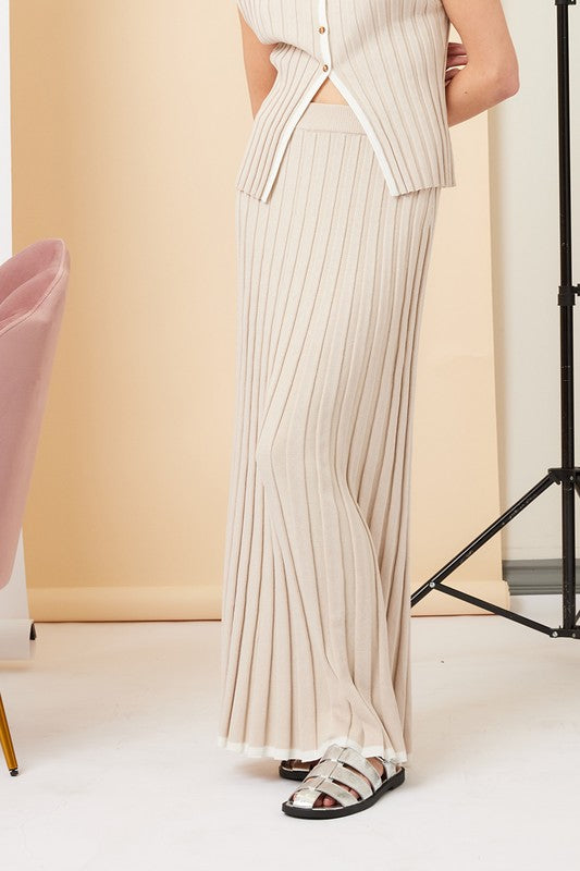 High Waist Ribbed Knit Contrast Maxi Skirt Taupe