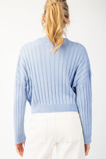 Long Sleeve Ribbed Knit Cropped Sweater Top Blue